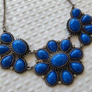 Bib Necklace, Blue Stone, Costume Jewelry, Statement, Rhinestones, 11”